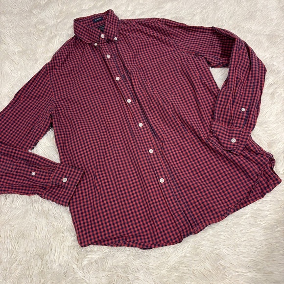 J. Crew Mens Classic Red Flex Washed Check Gingham Button Up Slim Fit Shirt L - Picture 1 of 8